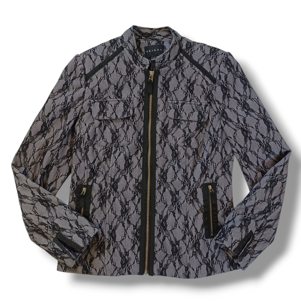 Lace Overlay Zip Up Jacket Blazer Tribal Black Lined Business Casual Size 8